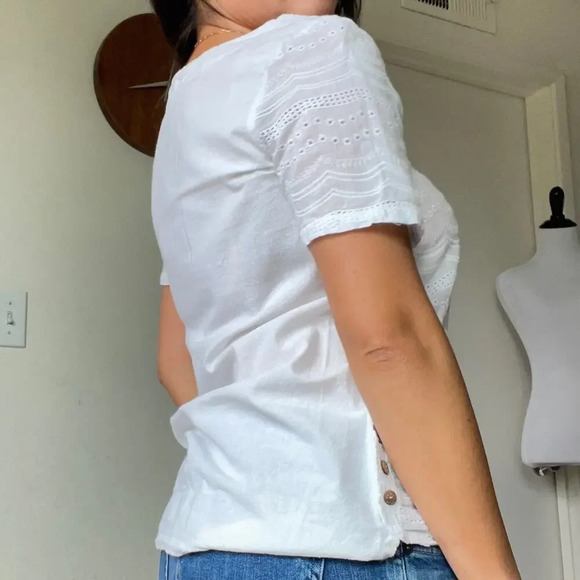 White 100% COTTON Embroidered Lace Hollow Out Blouse Short Sleeve - Picture 2 of 13